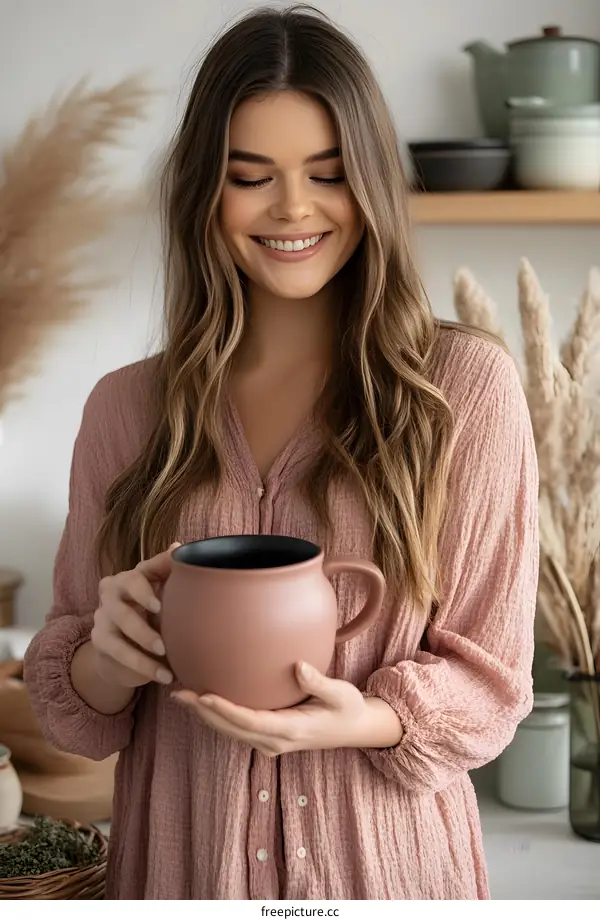 Woman Holding a Large Ceramic Mug with a Pink and Black Design