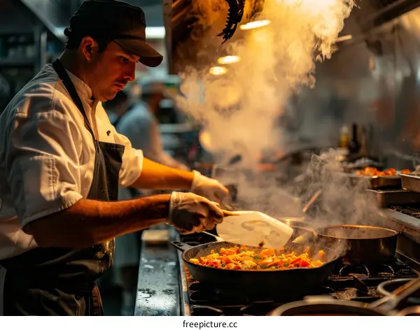 Stir-frying in a professional kitchen