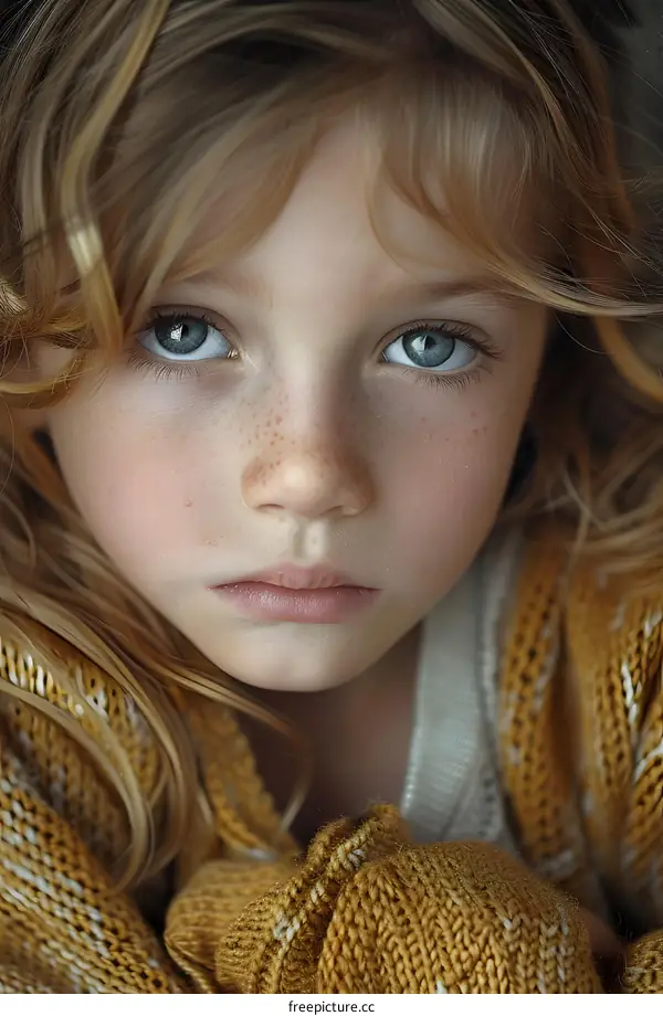 Portrait of a young girl with freckles and blue eyes