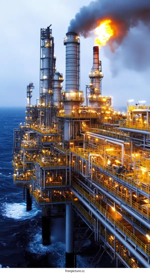 Offshore Oil Rig at Night with Flare Stack