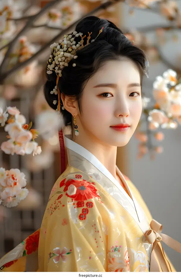 Portrait of a young woman in traditional Korean dress, or Hanbok