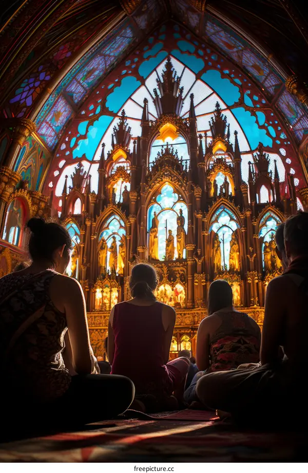 Four women sitting in a church with stained glass windows
