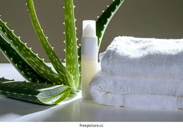 Aloe Vera Plant With Cream And Towel On White Surface