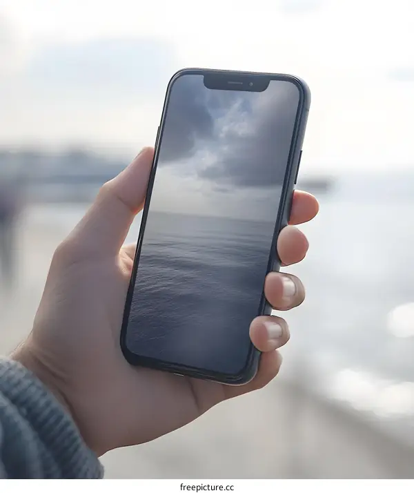 Hand Holding Smartphone with Seascape