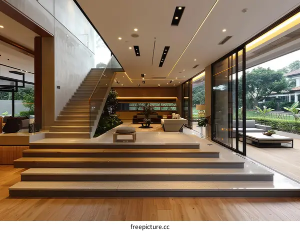 An open-plan living space with a modern staircase