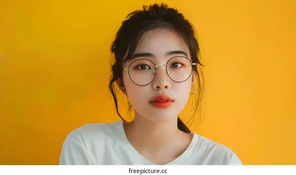 Portrait of Asian Woman with Glasses Against a Yellow Background