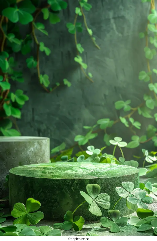 Green podium with clovers for St Patrick's Day