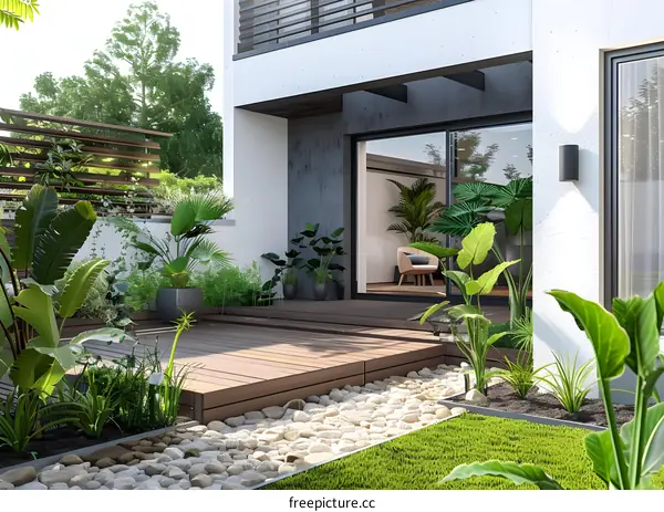 Modern Home Design with Tropical Plants and Patio