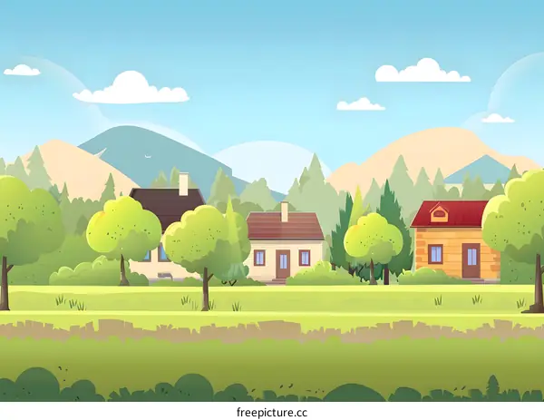 Cartoon Illustration of Houses in a Green Meadow