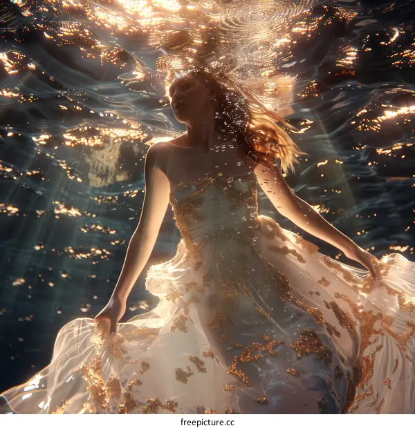 An ethereal vision of a woman in a golden dress floating underwater