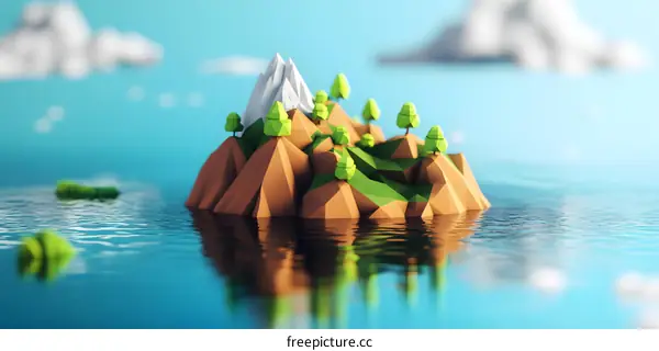 Low Poly Mountain Island 3D Illustration
