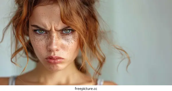 Close Up Portrait of Young Woman with Angry Expression