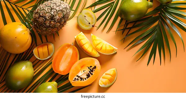 Tropical Fruits Flat Lay with Palm Leaves on Orange Background