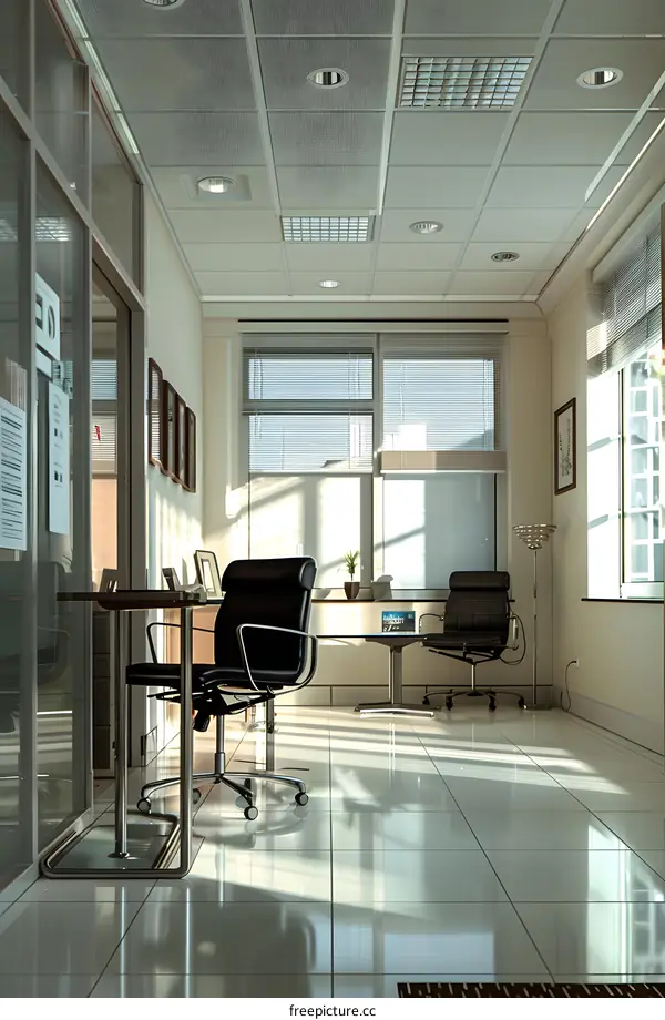 An empty modern office room with two chairs and a table