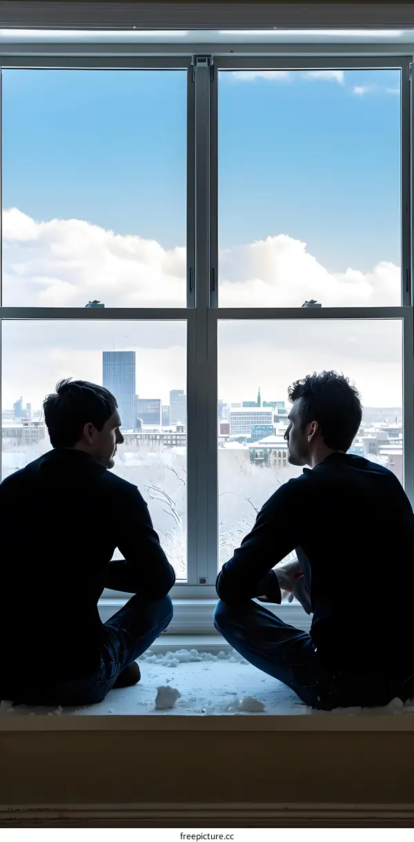 Two Men Sitting on a Windowsill Looking Out at a Cityscape