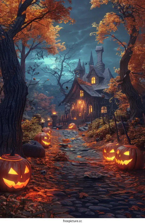 Spooky Pumpkin House in a Haunted Forest at Halloween
