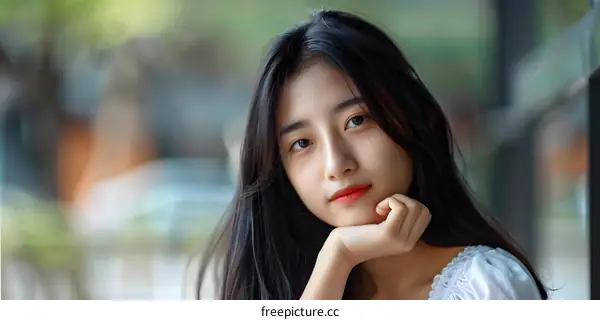 Portrait of a Young Asian Woman with Long Black Hair