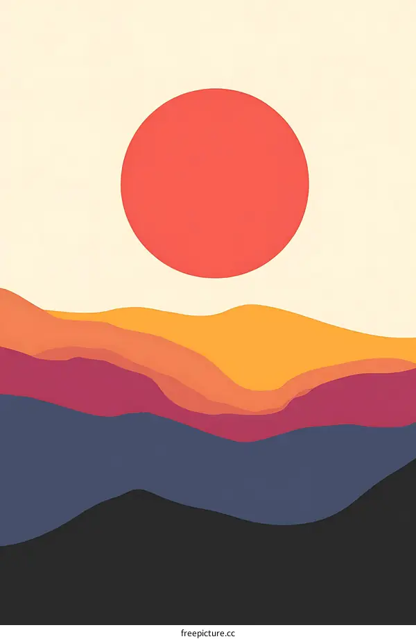Abstract Mountain Landscape with a Red Sun