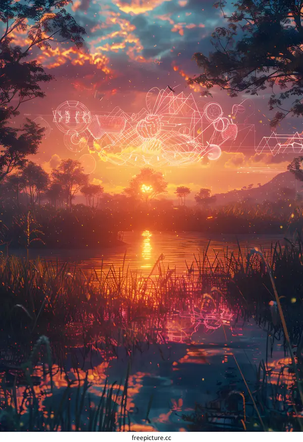 sunset in the middle of the lake with some wired 3D shape in the sky