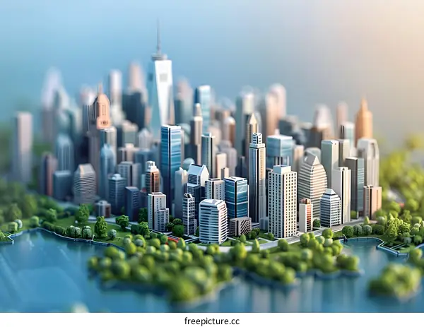 A miniature model of a city with skyscrapers and green parks located on a table