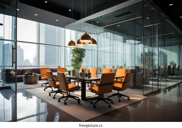 A conference room with a large glass window and a city view