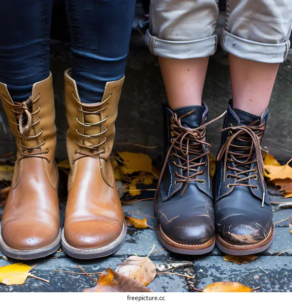 Brown and Blue Boots Worn by Two People