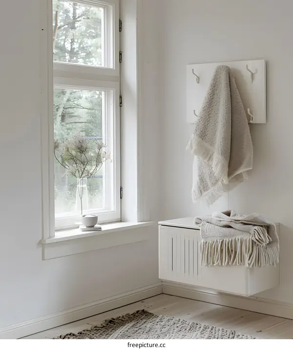 White Wall Mounted Storage Shelf with Towel Hooks