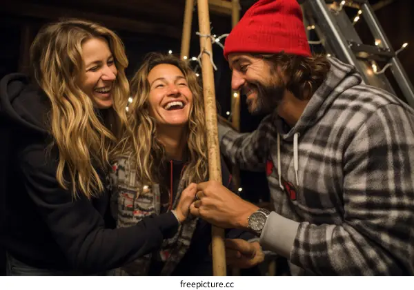 Three friends laughing together in a cabin