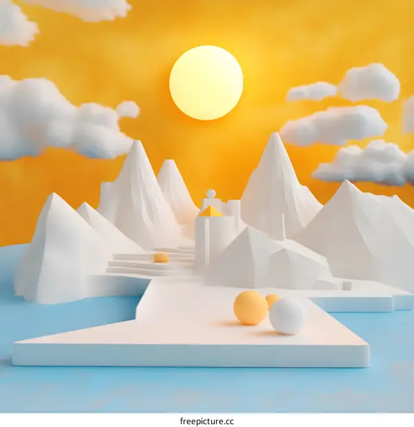 Abstract 3D Rendered Mountain Range Landscape With Sunset Sky