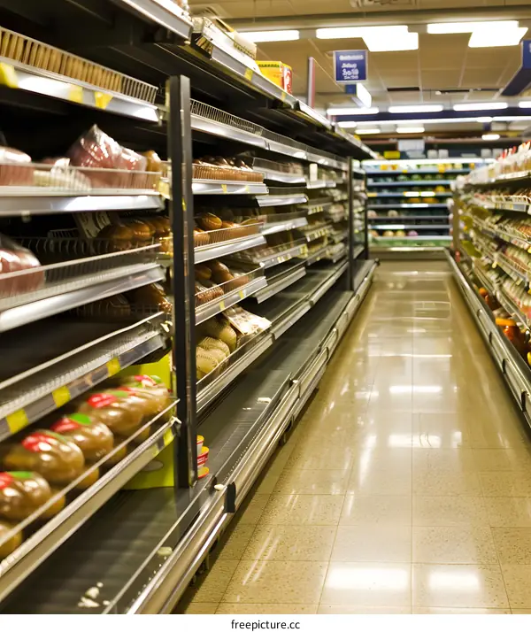 Empty Supermarket Aisle With Shelves Of Food