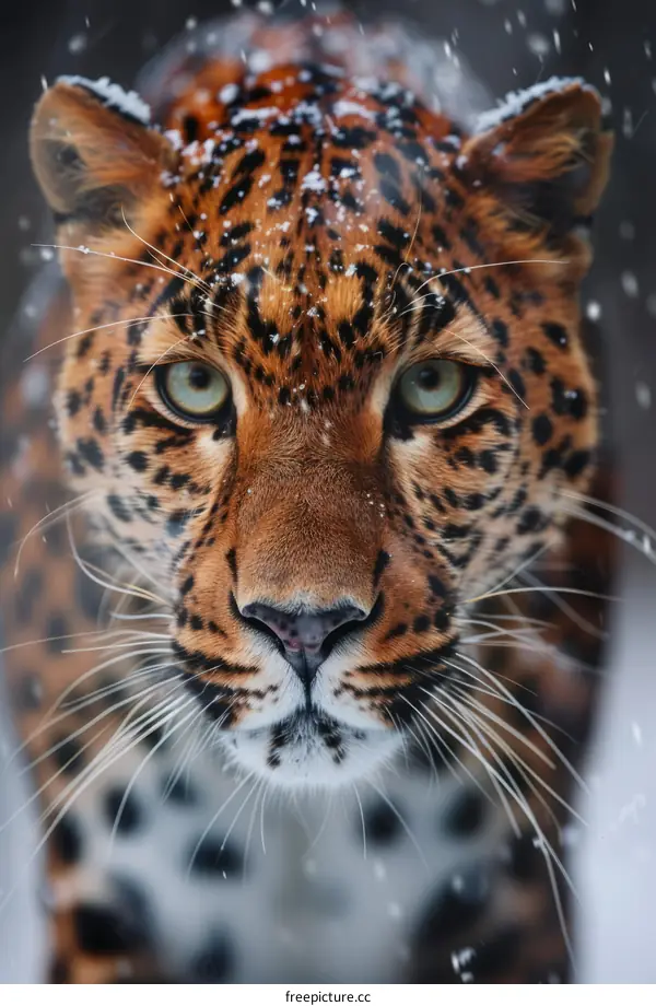 Portrait of a Leopard on the Snowy Plains