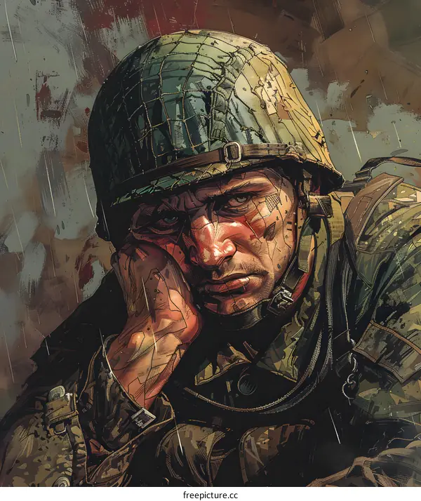 A soldier wearing a helmet and a camouflage uniform with a sad expression on his face