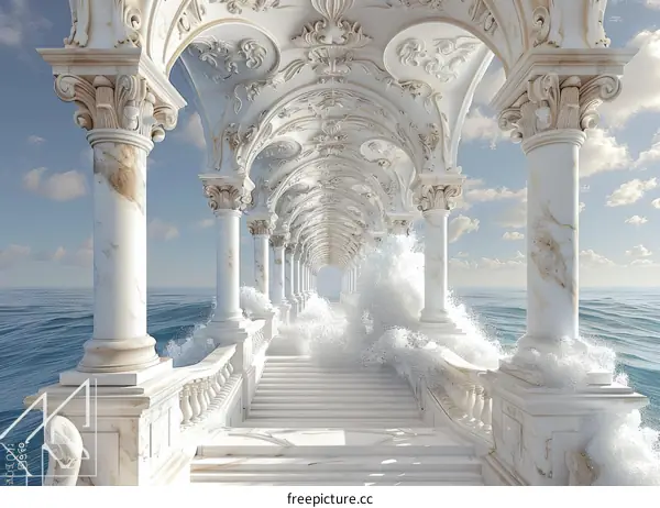 Long Marble Corridor with Water Fountains and Statues