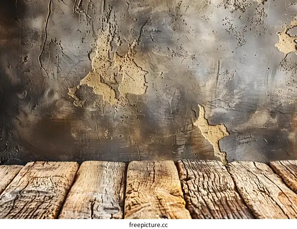 Rustic Wooden Tabletop with Concrete Wall Background