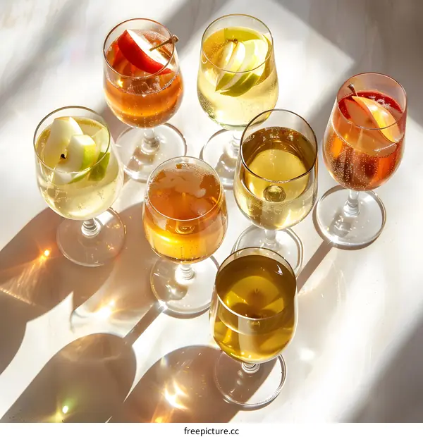 Apple Cider Cocktails with Slices of Apples in Wine Glasses