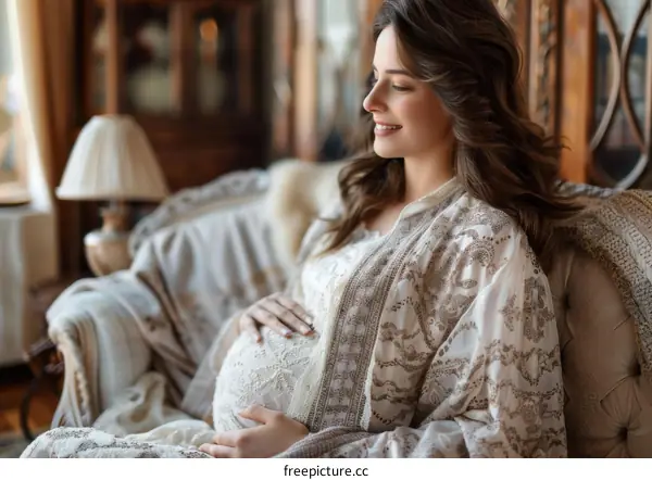Pregnant Woman Relaxing in a Cozy Interior
