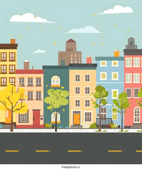 Colorful Cityscape Illustration with Row of Houses and Trees