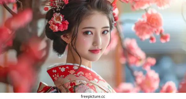 Portrait of a beautiful Japanese woman in traditional kimono with pink cherry blossoms