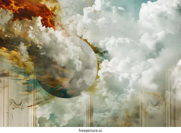 Abstract Digital Artwork of a Golden Planet Surrounded by Clouds and Architectural Elements