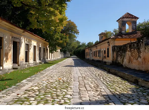 ancient stone road between historical buildings