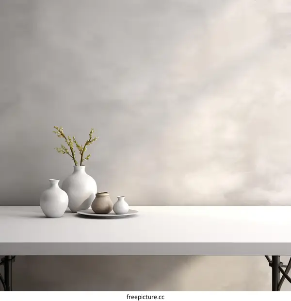 Minimalist White and Gray Vase Arrangement on White Table
