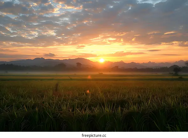 Sunrise Over Green Rice Paddy Field And Mountains