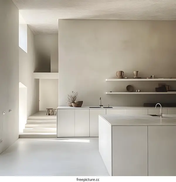 Minimalist Kitchen Design with White Cabinets and Open Shelving