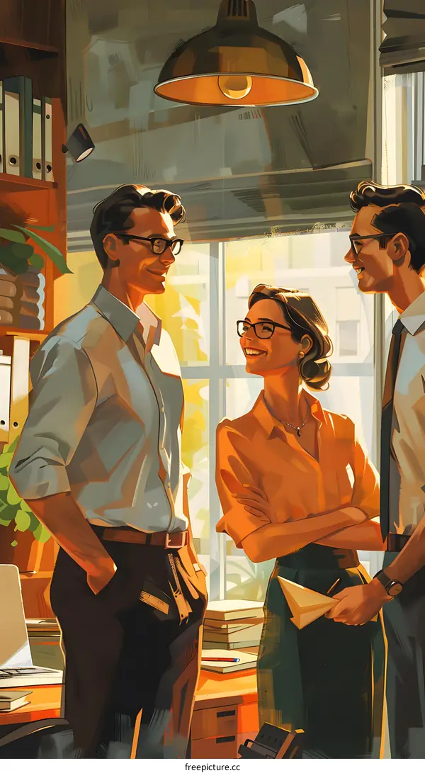 Three people in an office are talking and smiling.