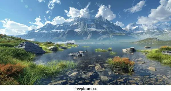 Mountains, Lake and Sky