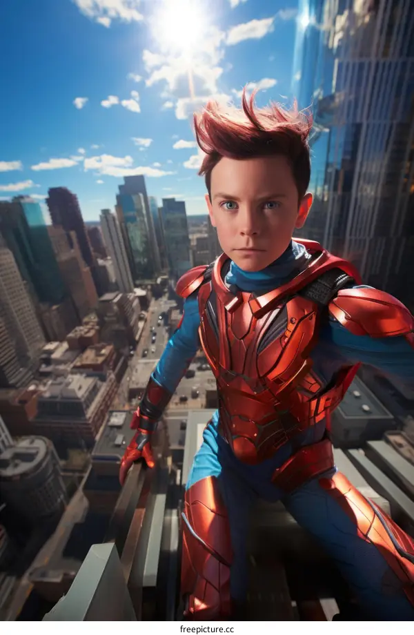 Superhero boy in red and blue suit standing on a rooftop