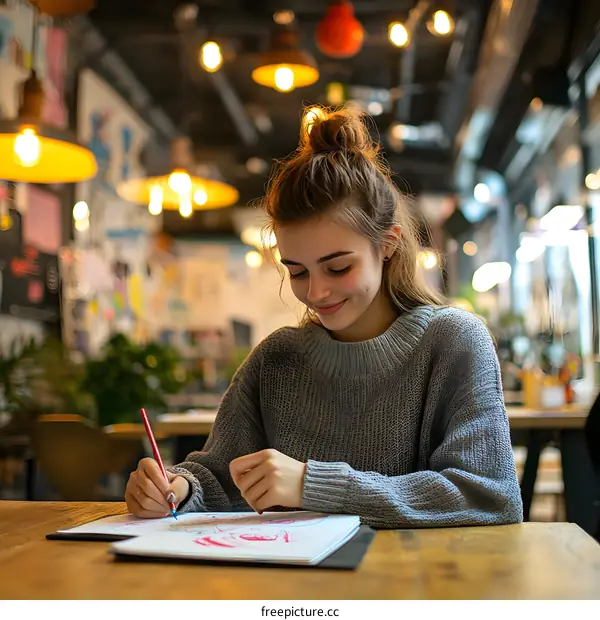 Young Woman Drawing in a Cafe