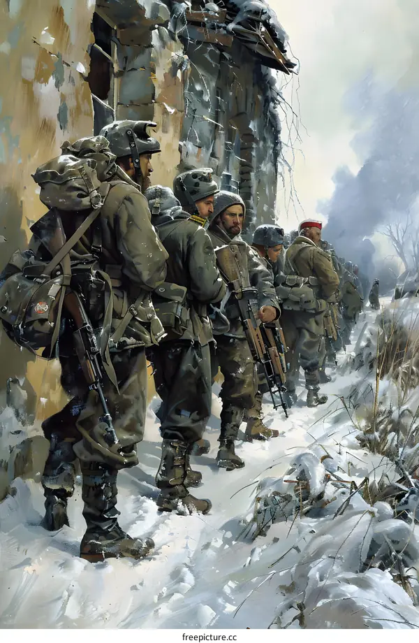 A group of soldiers in winter gear standing in the snow