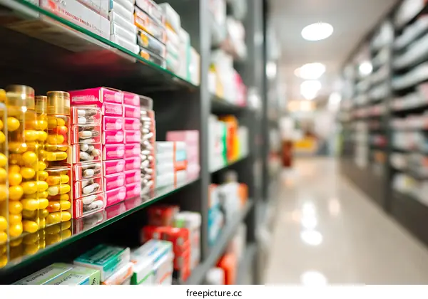 Pharmacy Shelves with Various Medications