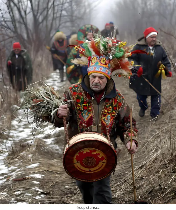 Man in Traditional Costume Plays Drum During Winter Festival